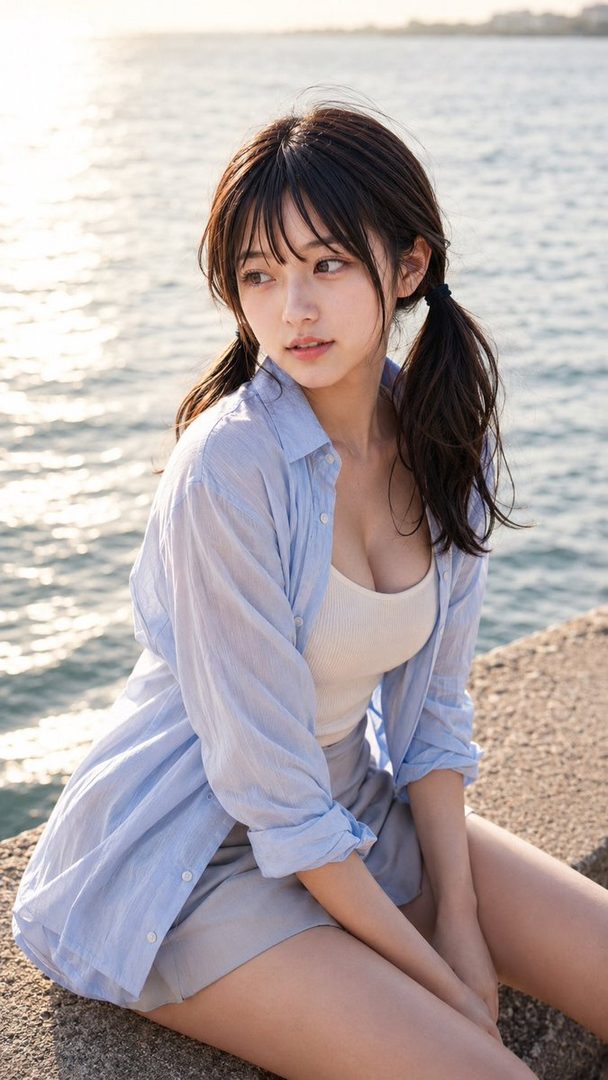 Young woman with dark ponytail hair sits by the sea at sunset wearing an open light blue shirt over a beige top.