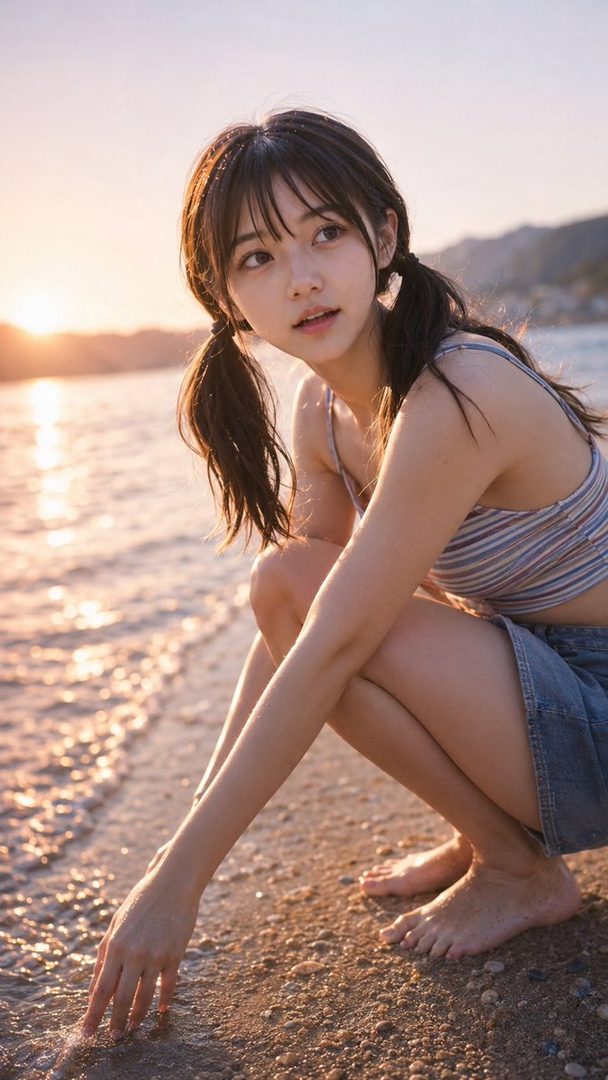 A young woman with dark pigtails crouches barefoot on a sandy beach at sunset, gently touching the water's edge.