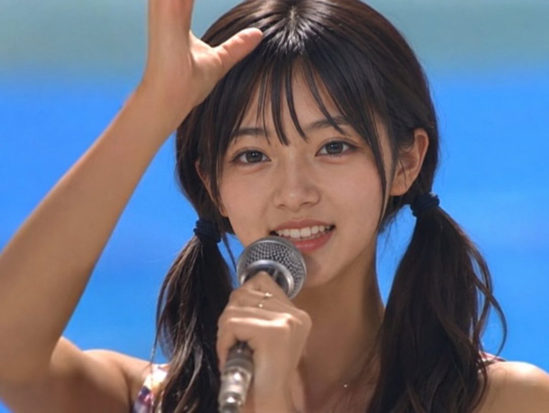 Young woman with dark pigtails smiling while holding a microphone against a bright blue backdrop.