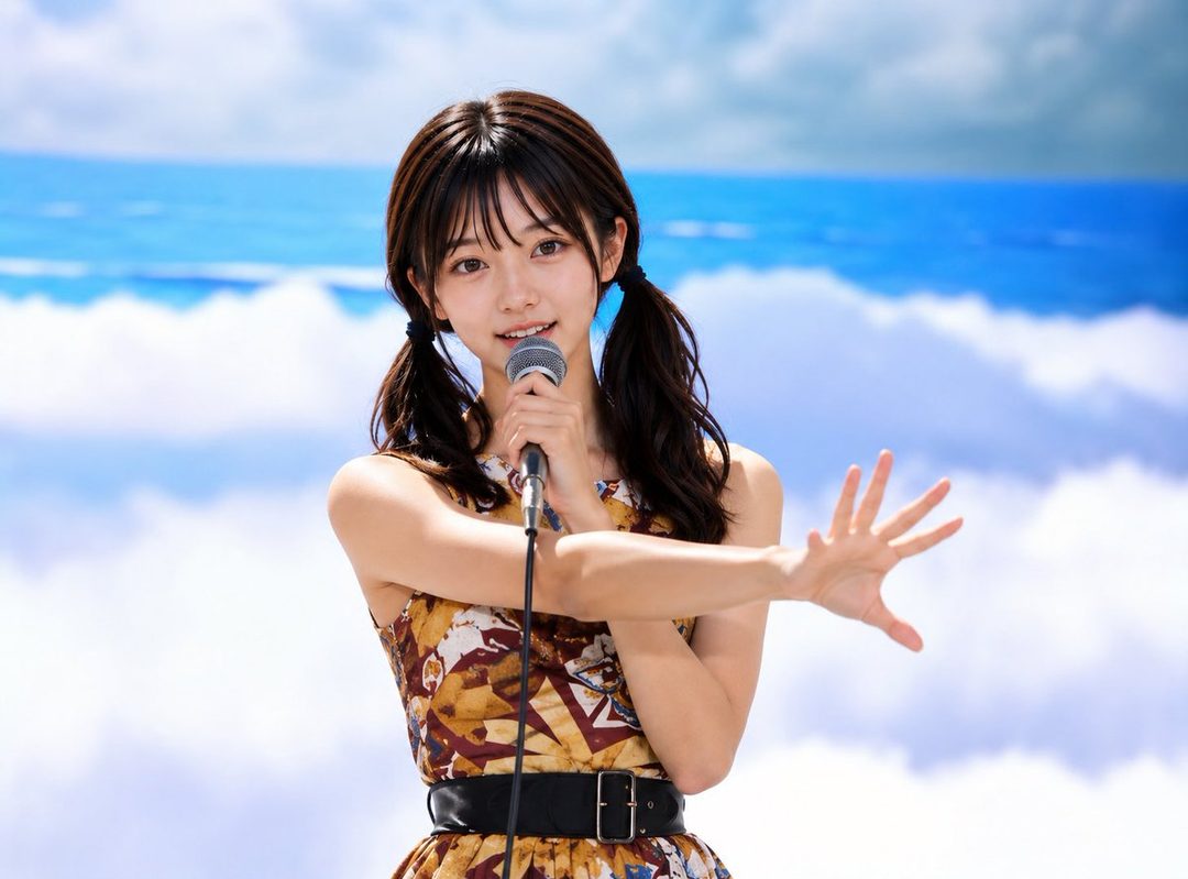 A young Japanese woman with pigtails singing into a microphone against a vibrant blue ocean and sky backdrop.