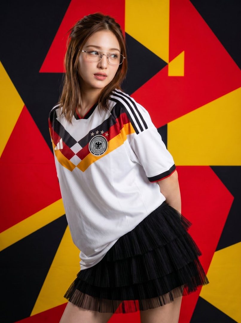 A woman wearing a white Germany soccer jersey and a black tutu skirt poses against a red, yellow, and black geometric background.