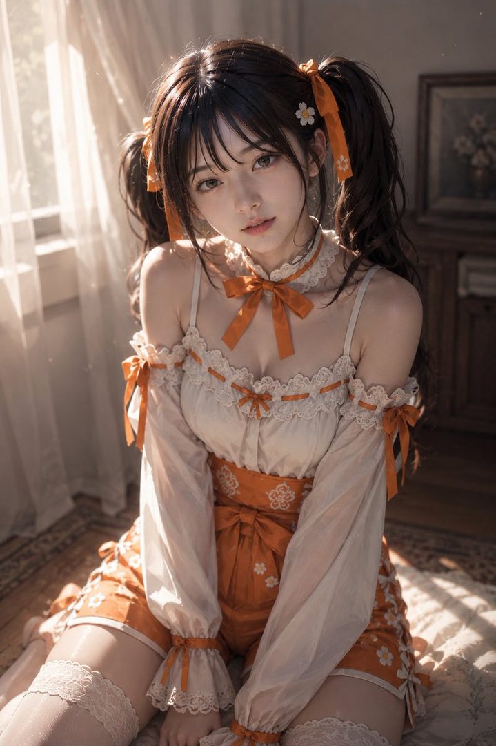A young woman with dark pigtails in an orange frilly dress with lace and bows, kneeling in a sunlit room.