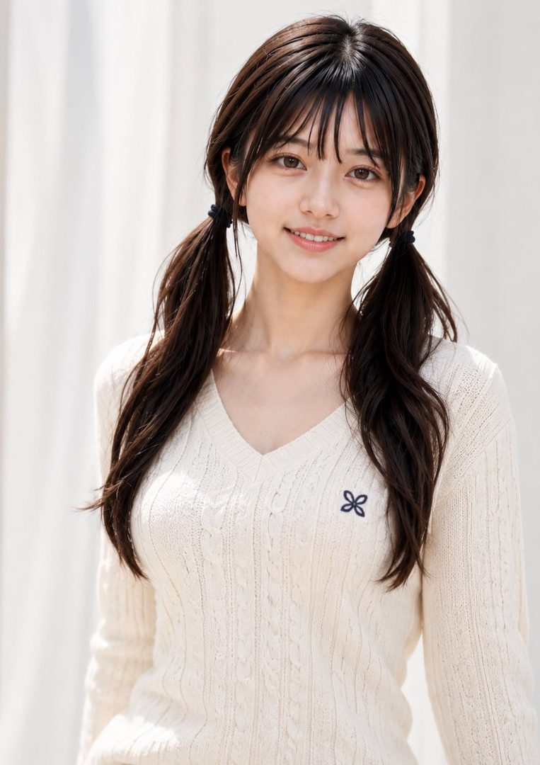 Young East Asian woman with long dark pigtails wearing a cream V-neck sweater smiles softly against a plain white backdrop.