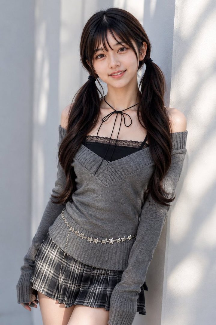 Young woman with long dark pigtails wearing an off-shoulder gray sweater and plaid skirt, posing against a sunlit white wall.
