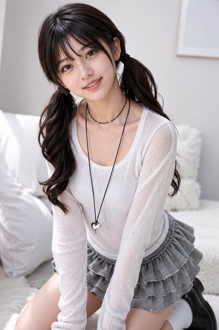 A youthful woman with dark pigtails smiles gently while posing indoors in a sheer white top and gray ruffled skirt.