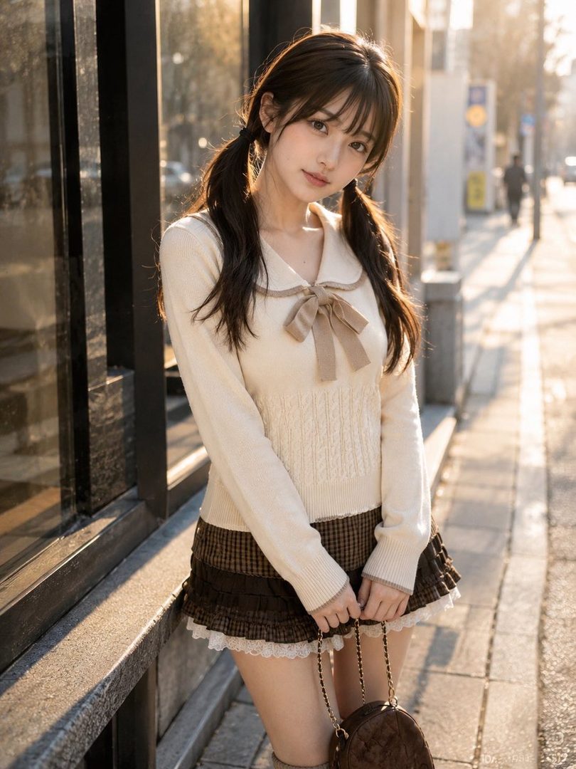 Young woman with long dark pigtails in a cream bow sweater and plaid skirt posing on a sunny city sidewalk.