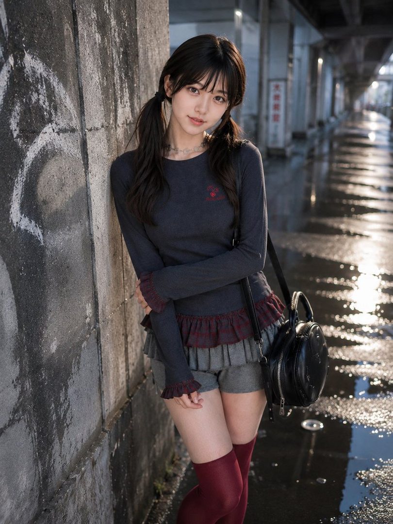 Young woman with dark pigtails leaning against a concrete wall in a wet urban tunnel wearing a layered skirt and red socks.