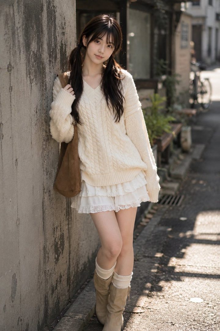 Young woman with long dark hair wearing a cream sweater and white skirt leaning against a weathered wall on a sunny street.