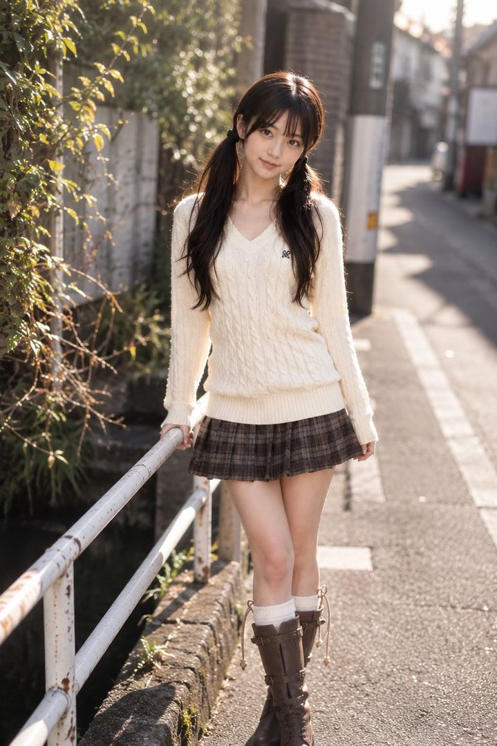 Young woman with long pigtails wearing a cream sweater and plaid skirt stands on a sunny street beside a canal.
