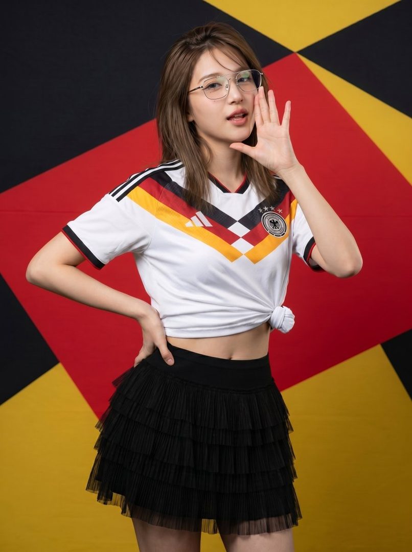 A woman wearing a Germany soccer jersey and a black tiered skirt, posing against a red, black, and yellow geometric background.