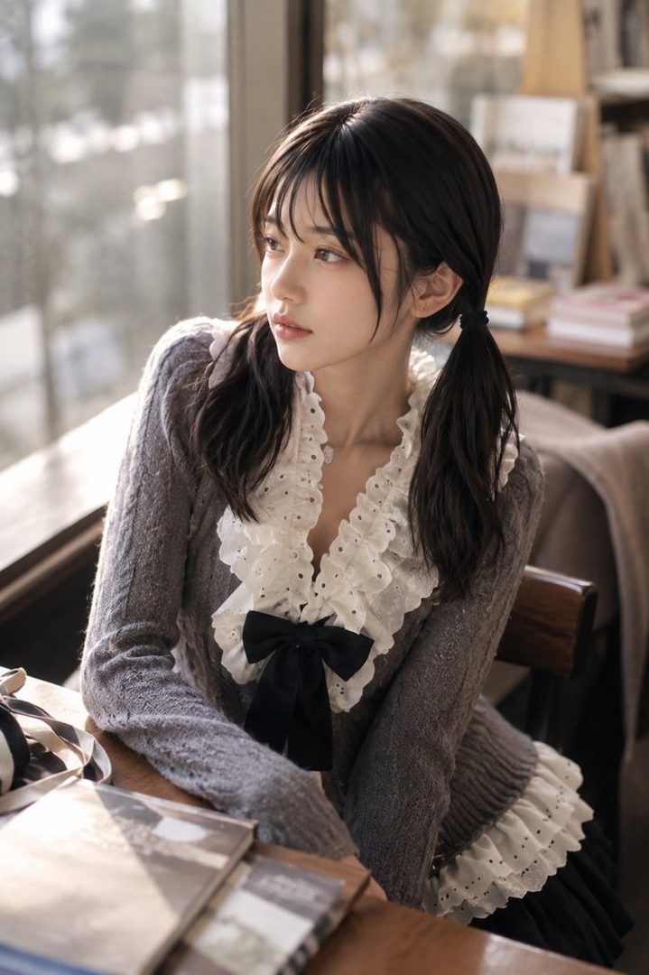 A young woman with dark pigtails in a gray sweater with a white lace collar gazes thoughtfully by a sunlit window in a cozy room filled with books.