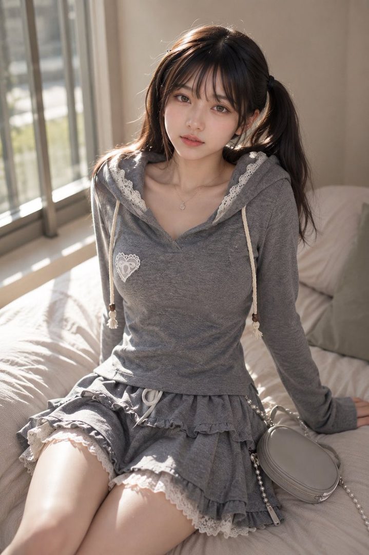 Young woman with dark ponytail hair wearing a gray lace hoodie and tiered skirt, seated on a sunlit bed in a modern bedroom.