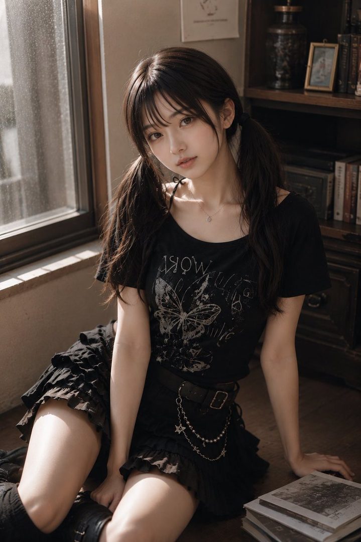 Young woman with long dark pigtails wearing a black butterfly graphic tee and layered skirt, seated by a sunlit window in a cozy room.
