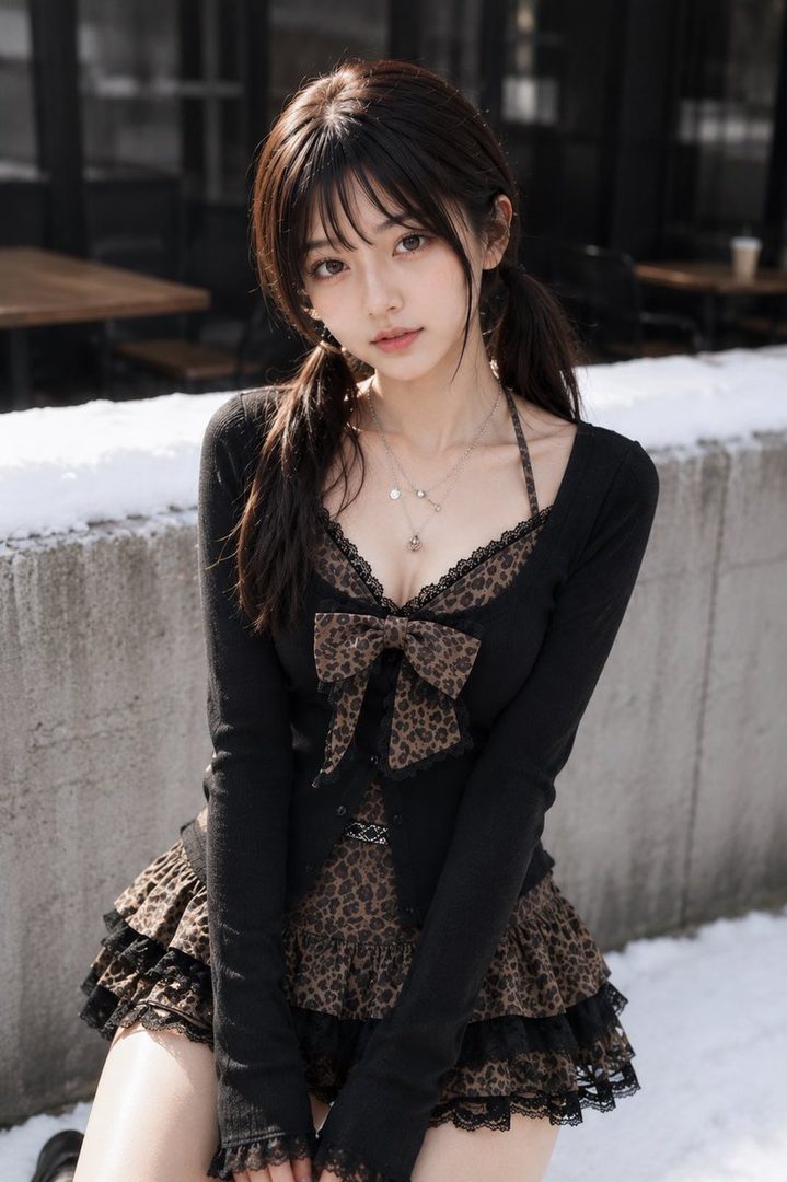 Young woman with dark pigtails in a black cardigan and leopard print ruffled outfit posing outdoors in the snow.
