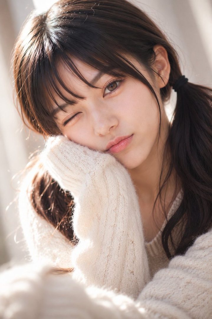 A young East Asian woman with dark ponytail hair winking playfully, resting her chin on a hand covered by an oversized white knit sweater in soft natural light.