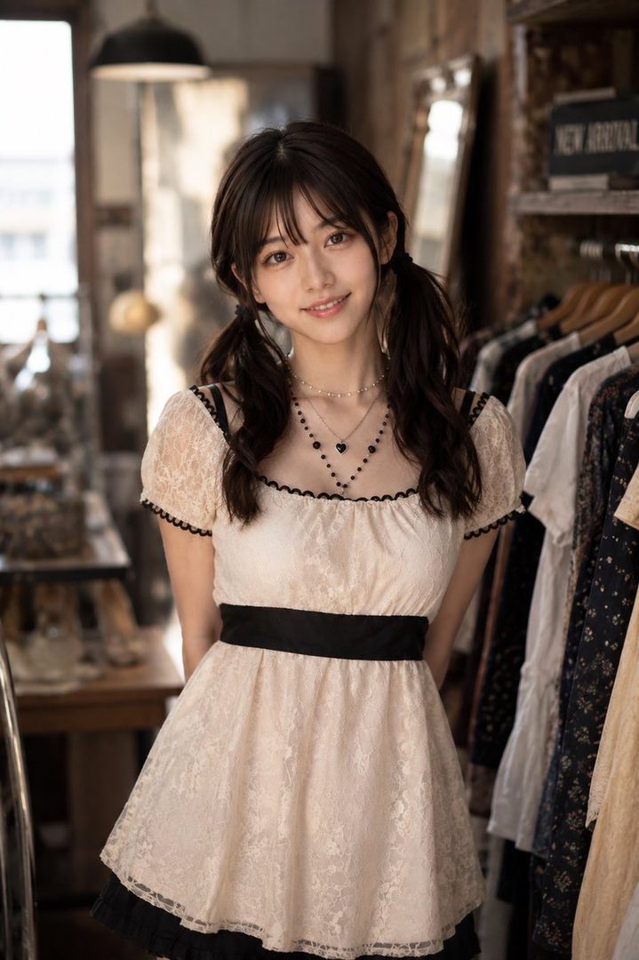 A young East Asian woman with dark pigtails smiles while wearing a cream lace dress in a sunlit clothing boutique.
