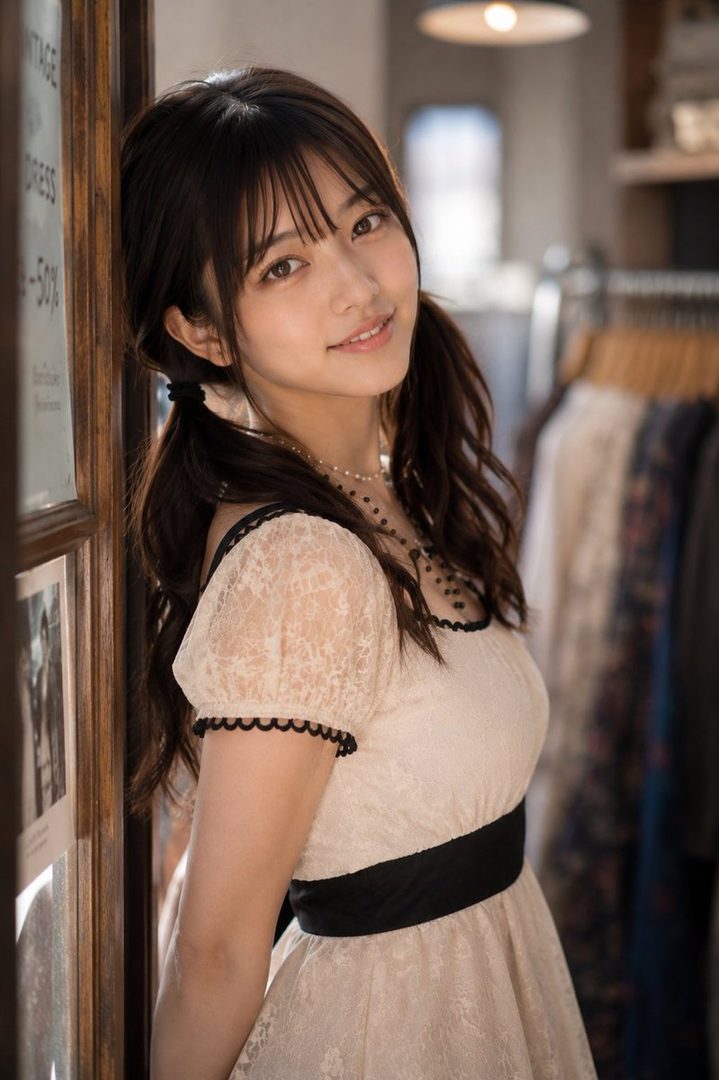 A young East Asian woman with dark pigtails and a lace dress smiles softly while leaning in a vintage clothing store.