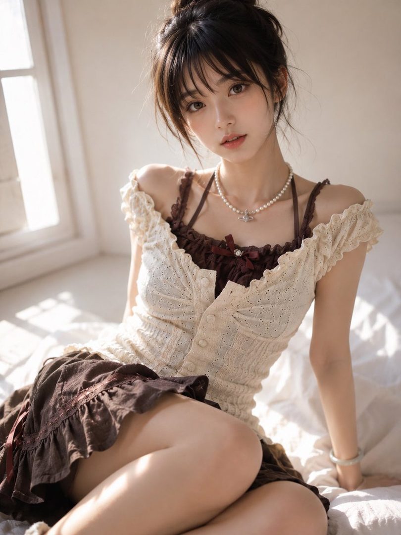 A young East Asian woman with dark hair in a bun sits gracefully on white bedding in a sunlit room, wearing a delicate lace top and brown skirt with pearl jewelry.