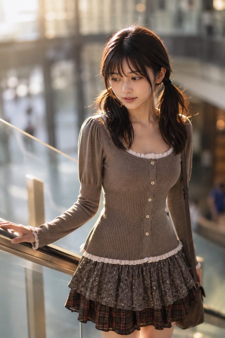 Young woman with dark pigtails in a brown lace-trimmed cardigan and plaid skirt posing by a glass railing in soft sunlight.
