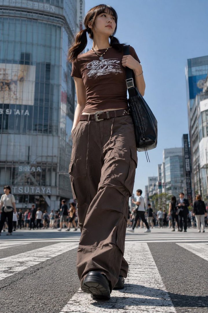 Young East Asian woman with brown pigtails crossing a sunny Tokyo street in brown cargo pants and fitted t-shirt.