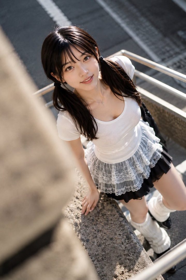 Young East Asian woman with pigtails in a white top and lace skirt posing on sunny outdoor stairs.