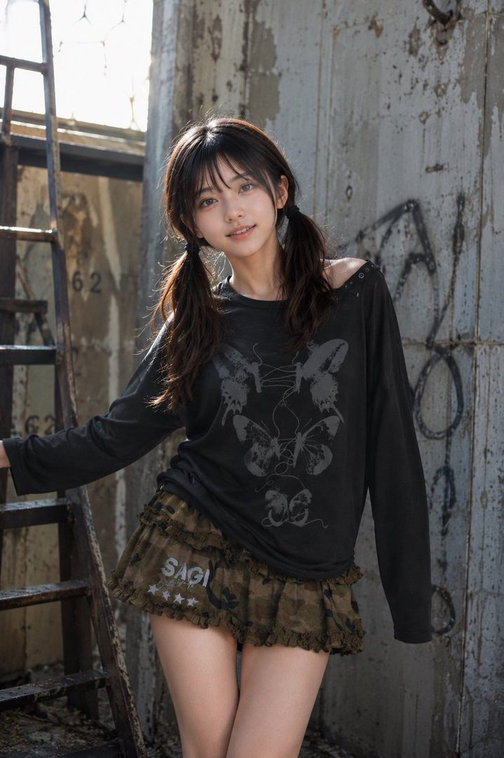 Young woman with brown pigtails posing confidently in a graffiti-covered industrial space wearing a butterfly graphic shirt and camouflage mini skirt.