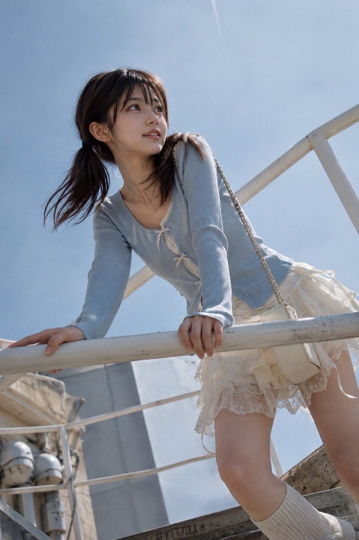 Young woman in a light blue cardigan and lace-trimmed skirt leaning on a railing under a clear blue sky.