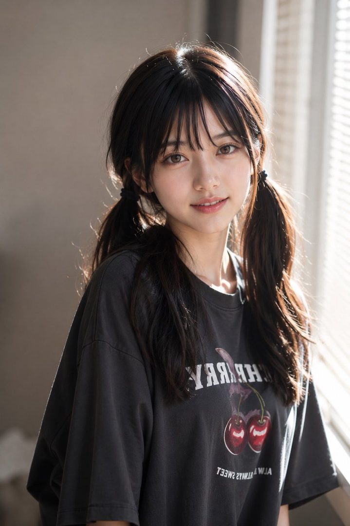 Portrait of a young East Asian woman with long dark pigtails wearing an oversized black t-shirt with cherry graphics, softly lit by window light.