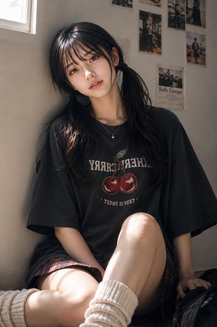 A young East Asian woman with long black pigtails sits on the floor wearing an oversized black cherry-print t-shirt and plaid skirt in a sunlit room with posters on the wall.