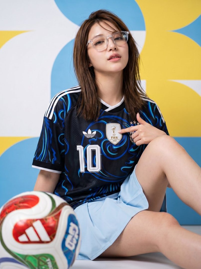 A woman wearing clear-framed glasses, a black and blue soccer jersey with the number 10, and light blue shorts, sitting next to a soccer ball against a colorful geometric background.