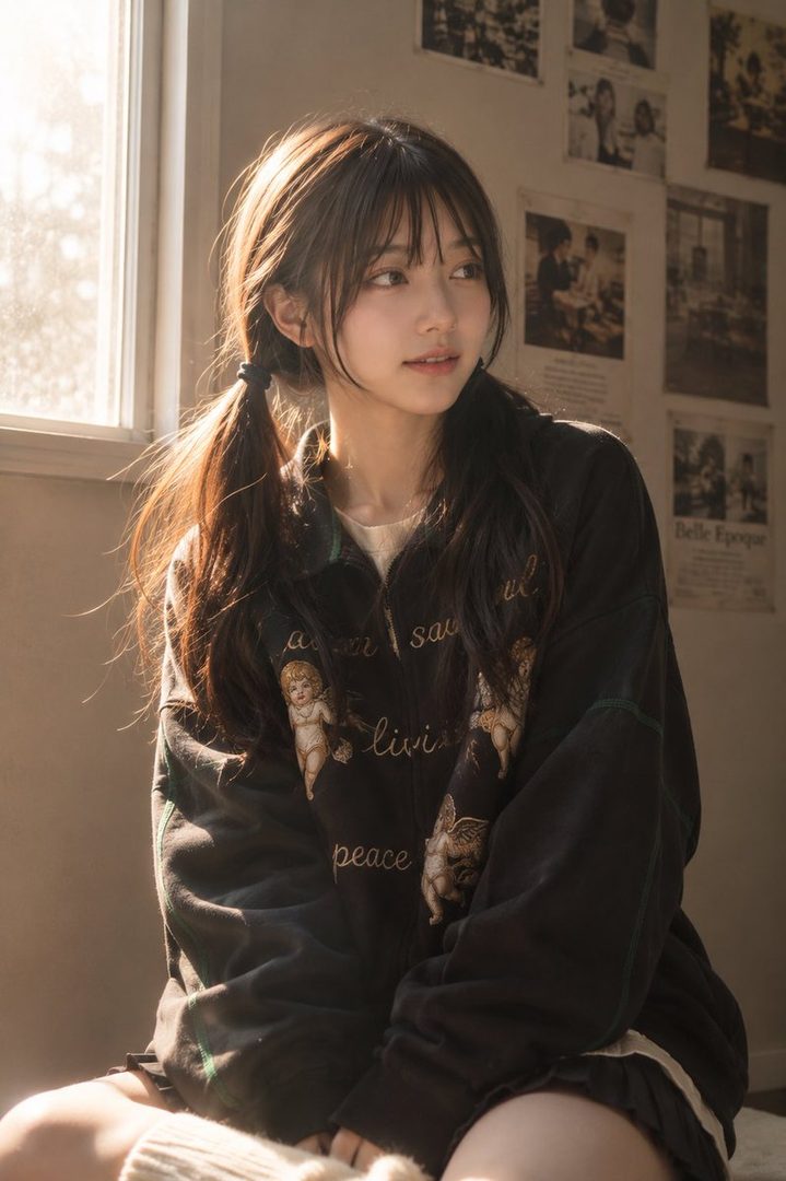 A young woman with long brown hair in a ponytail sits by a sunlit window wearing a black jacket with angel prints.