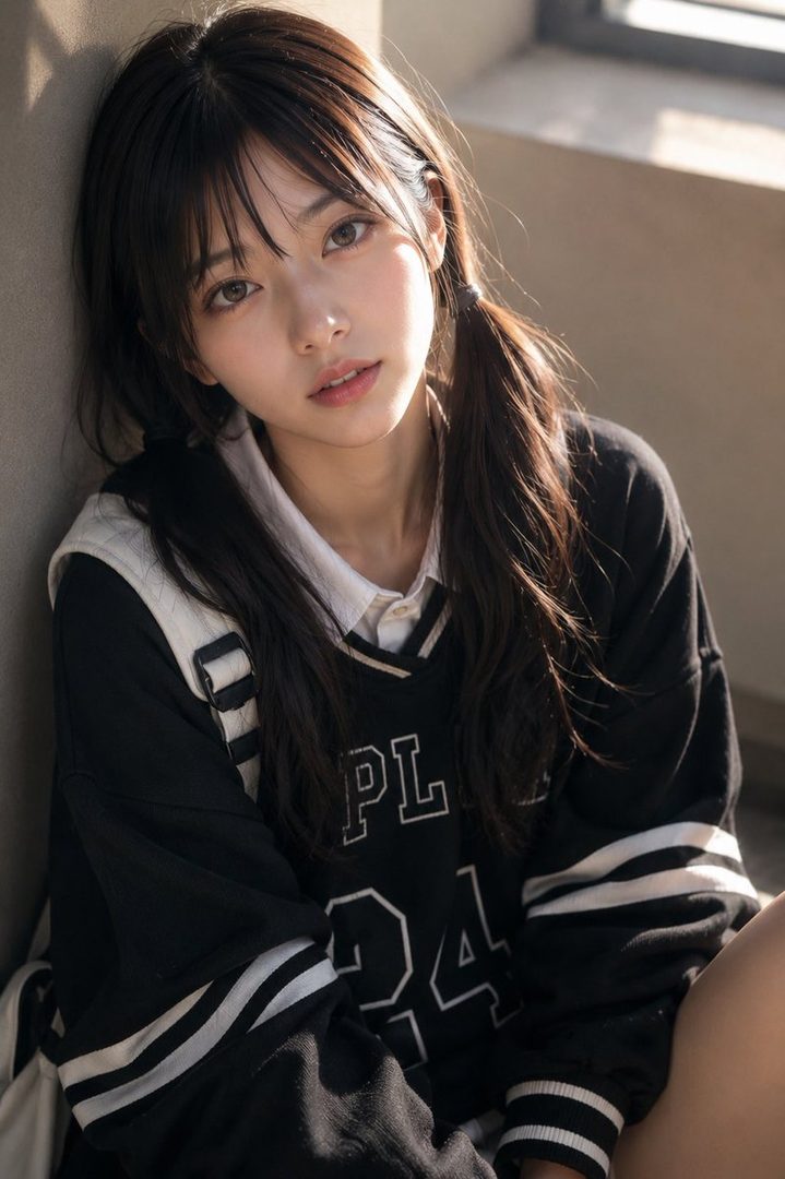 Young East Asian woman with long dark pigtails wearing a black varsity jacket over a white collared shirt, leaning against a sunlit wall in a quiet indoor setting.