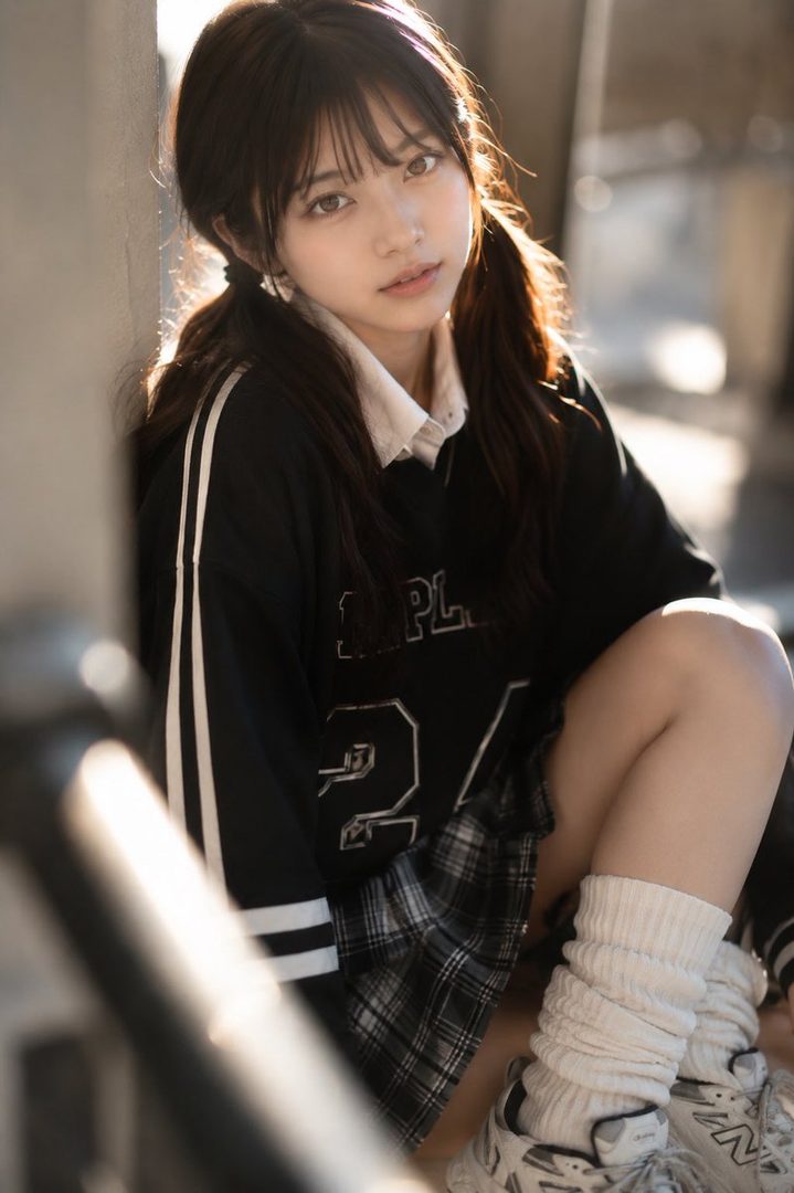 A young East Asian woman with long dark pigtails sits outdoors in sunlight wearing a black varsity jersey and plaid skirt.