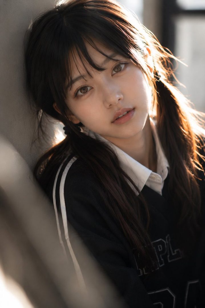 Close-up portrait of a young East Asian woman with long dark hair and soft bangs, wearing a black sweatshirt over a white shirt, illuminated by gentle sunlight.