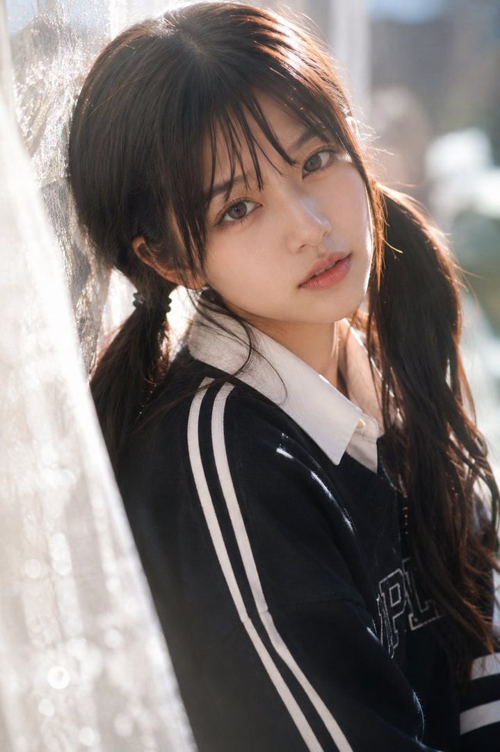 Portrait of a young East Asian woman with long dark pigtails wearing a black and white jacket, leaning against a sunlit wall with soft bokeh background.