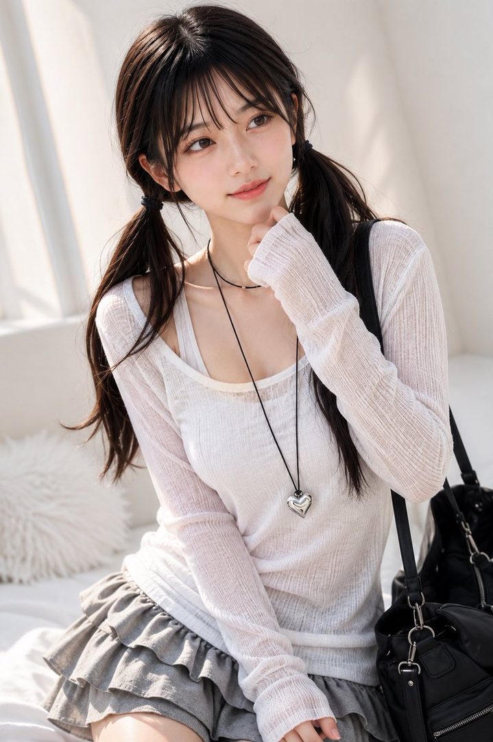 Young East Asian woman with dark pigtails wearing a sheer white top and gray ruffled skirt, posing indoors with a soft smile and heart necklace.