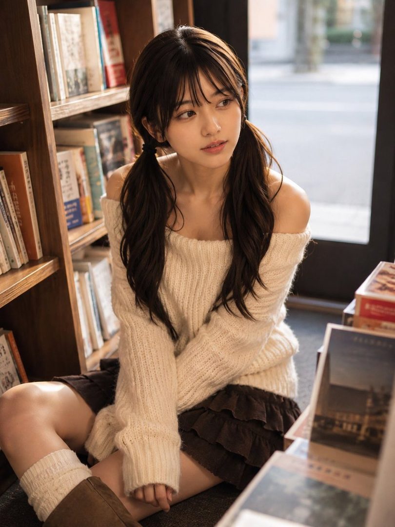 Young woman with long dark pigtails in an off-shoulder knit sweater sits thoughtfully among bookshelves in a cozy bookstore.
