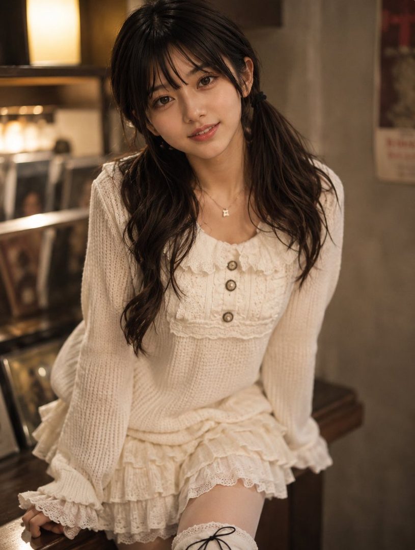 Young woman with long dark pigtails wearing a white ruffled knit dress and star necklace, posing indoors with a gentle smile.