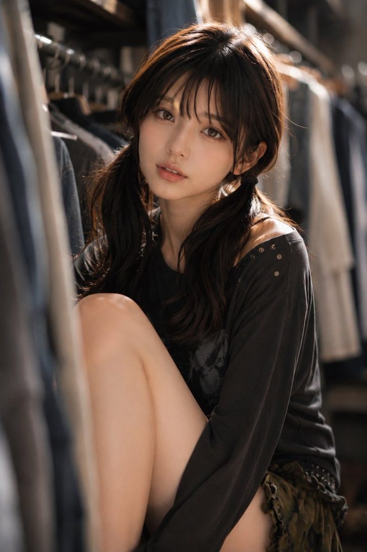 Young woman with long dark hair in a black off-shoulder top seated among clothing racks in soft lighting.