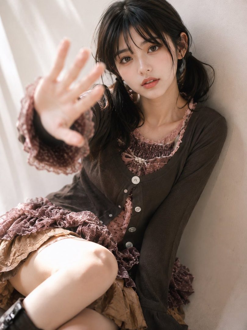 Young East Asian woman with dark pigtails wearing a brown lace-trimmed cardigan and ruffled skirt, seated indoors extending her hand toward the camera.