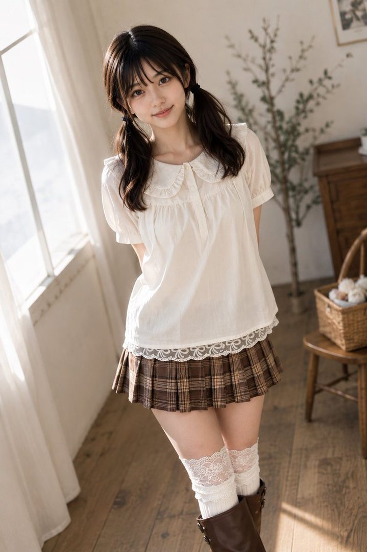 Young woman with dark pigtails wearing a white blouse and plaid skirt in a sunlit room.
