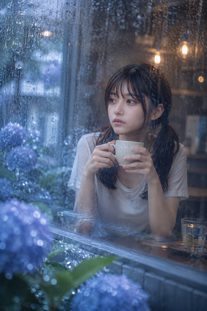 A young woman with dark pigtails sits by a rain-streaked window holding a white cup, blue hydrangeas visible outside.