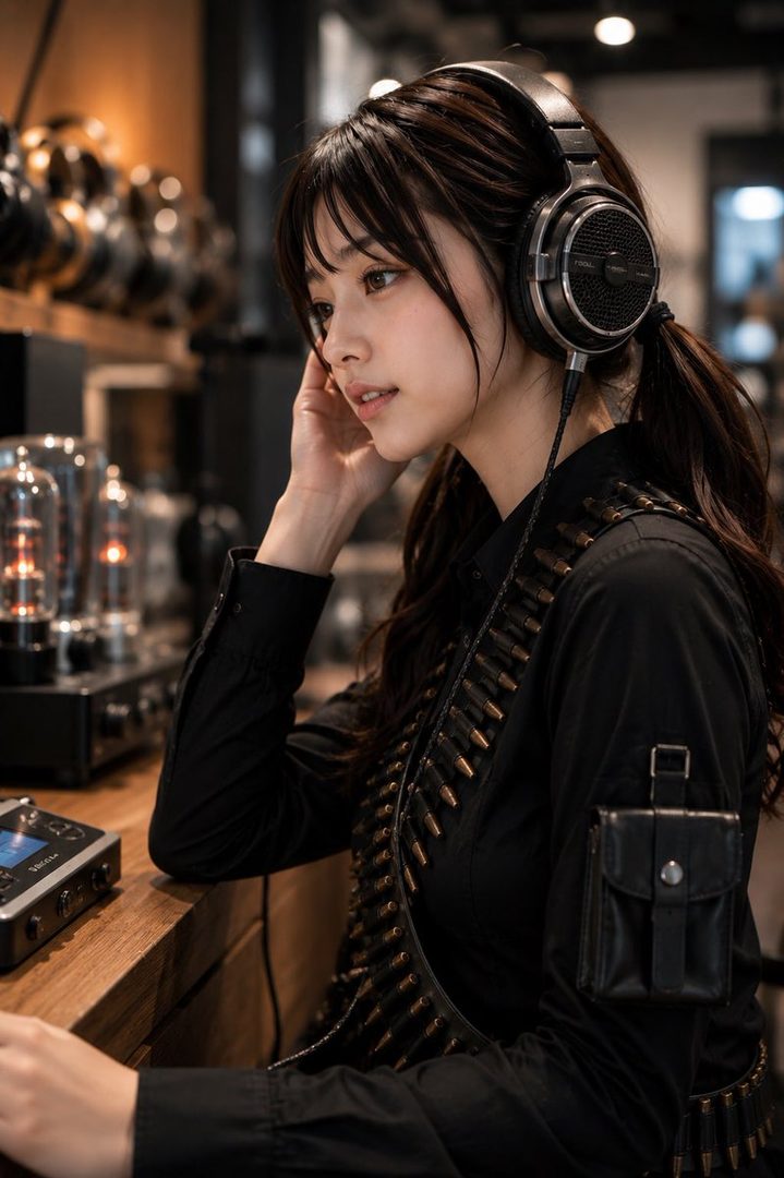 Young woman in black tactical attire wearing large headphones in a vintage audio studio filled with glowing vacuum tubes.