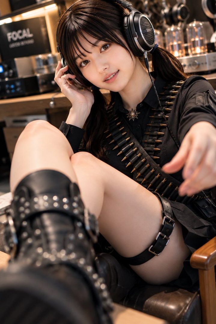Young woman with dark pigtails wearing large headphones and bullet belts posing confidently in an audio studio.