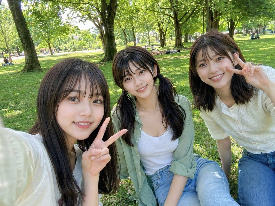 Three young East Asian women taking a cheerful selfie in a sunny park, making peace signs with natural green trees behind them.