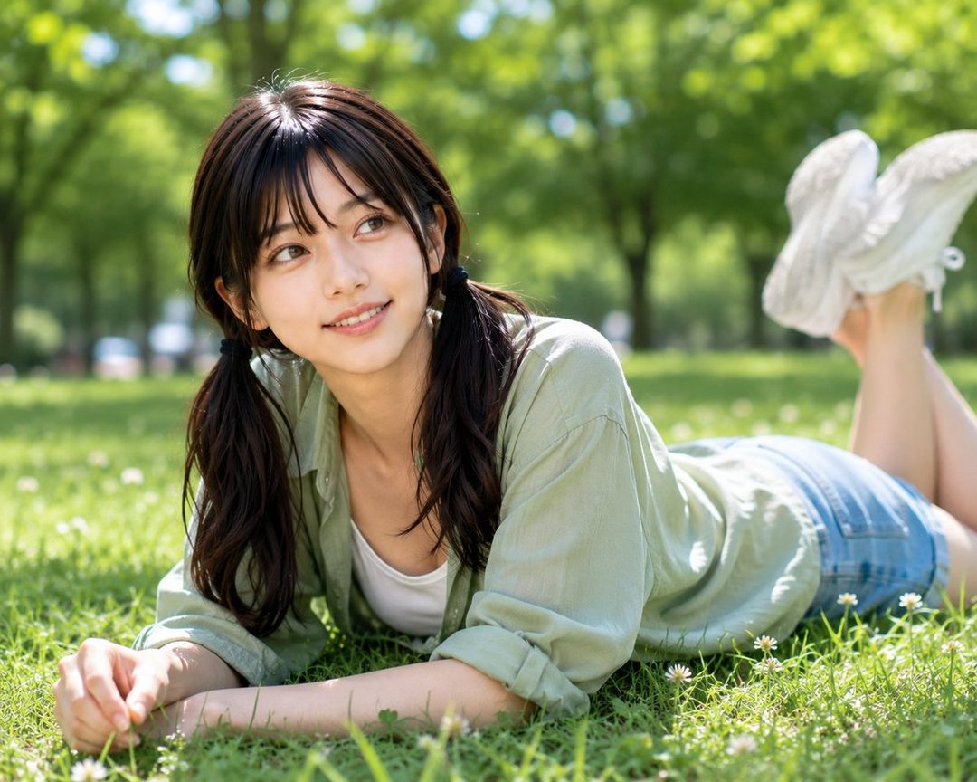 Young woman with dark pigtails lying on green grass in a sunny park, smiling softly at the viewer.