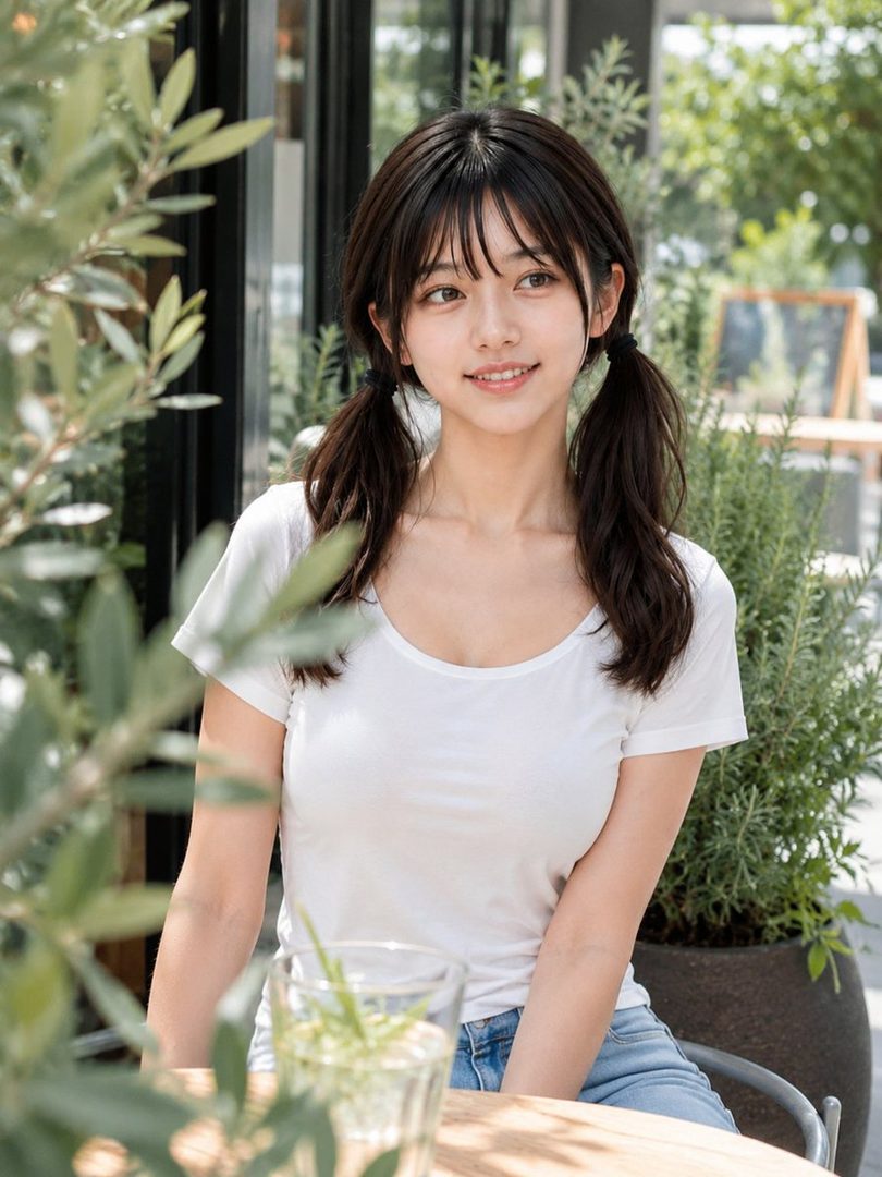 Young woman with dark pigtails wearing a white tee, smiling gently at an outdoor table surrounded by lush greenery.