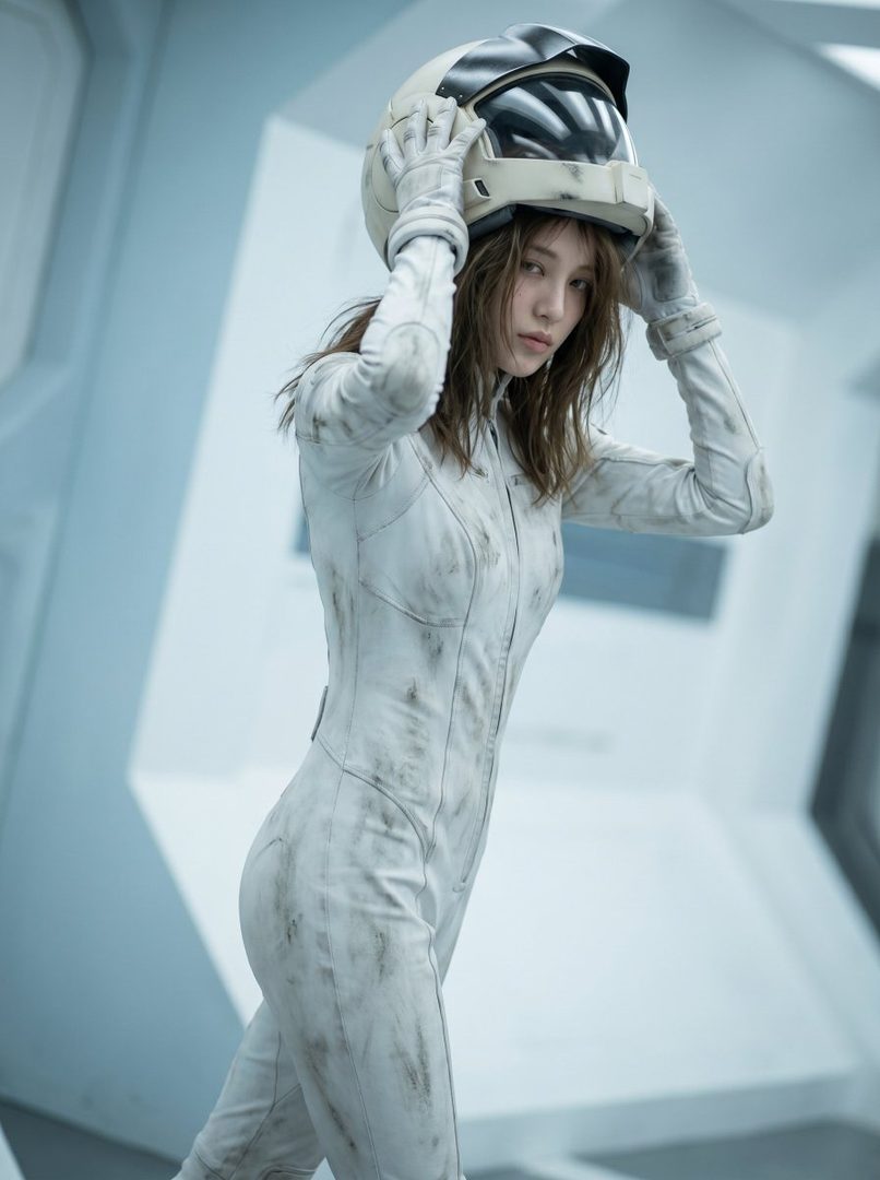 A young woman in a dirty white futuristic pilot suit and helmet looks at the camera in a sci-fi setting.