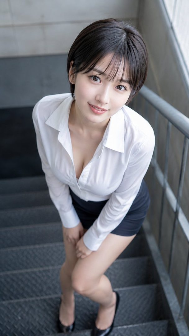 A young East Asian woman with short dark hair in a white blouse and black skirt posing seductively on indoor stairs.