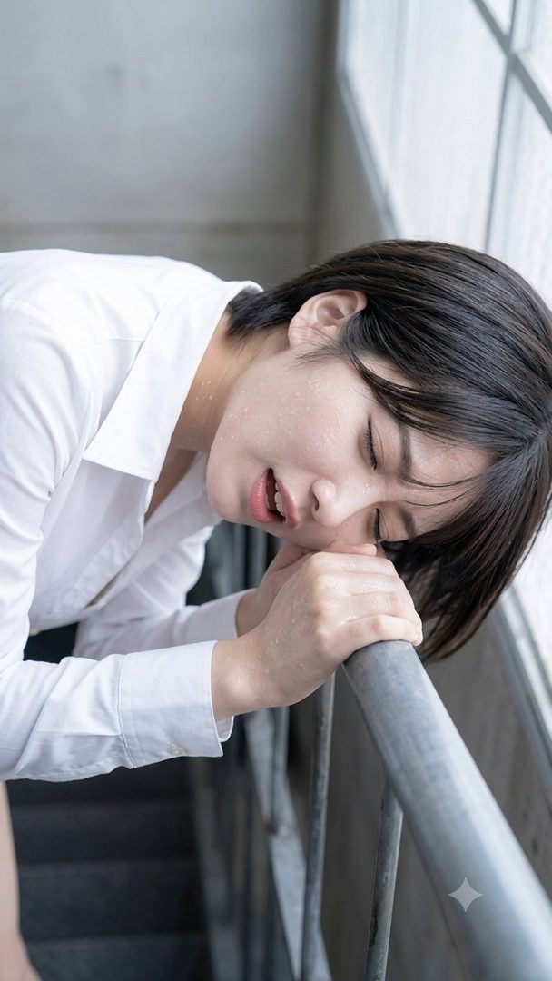 Young East Asian woman with short black hair in a white shirt leaning on a metal railing in a stairwell, eyes closed and skin glistening.